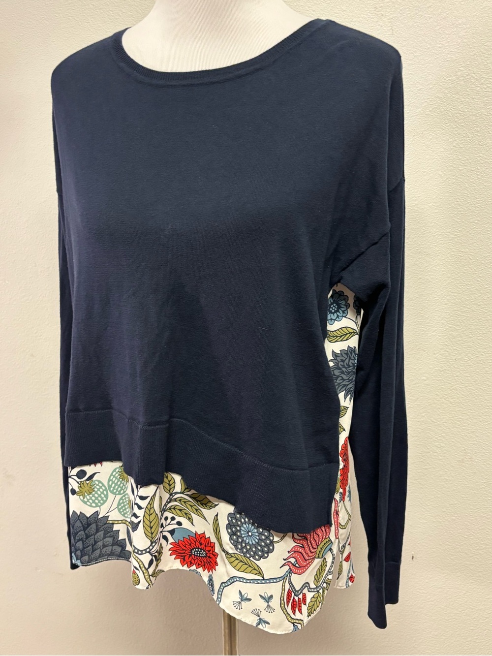 LOFT Navy Sweatshirt with Floral Contrast Hem